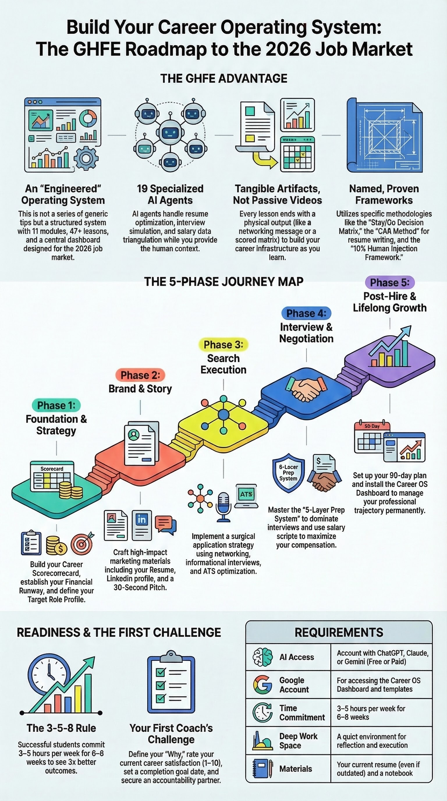 Infographic for “Welcome to Get Hired Faster Easier!”: visual summary of ghfe welcome hired faster (landscape layout, GHFE course).