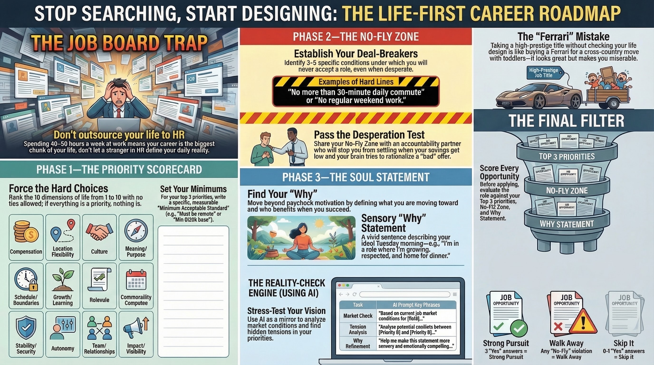 Infographic for “Stop Searching, Start Designing: How to Build a Career That Actually Fits Your Life”: visual summary of searching start designing build (landscape layout, GHFE course).