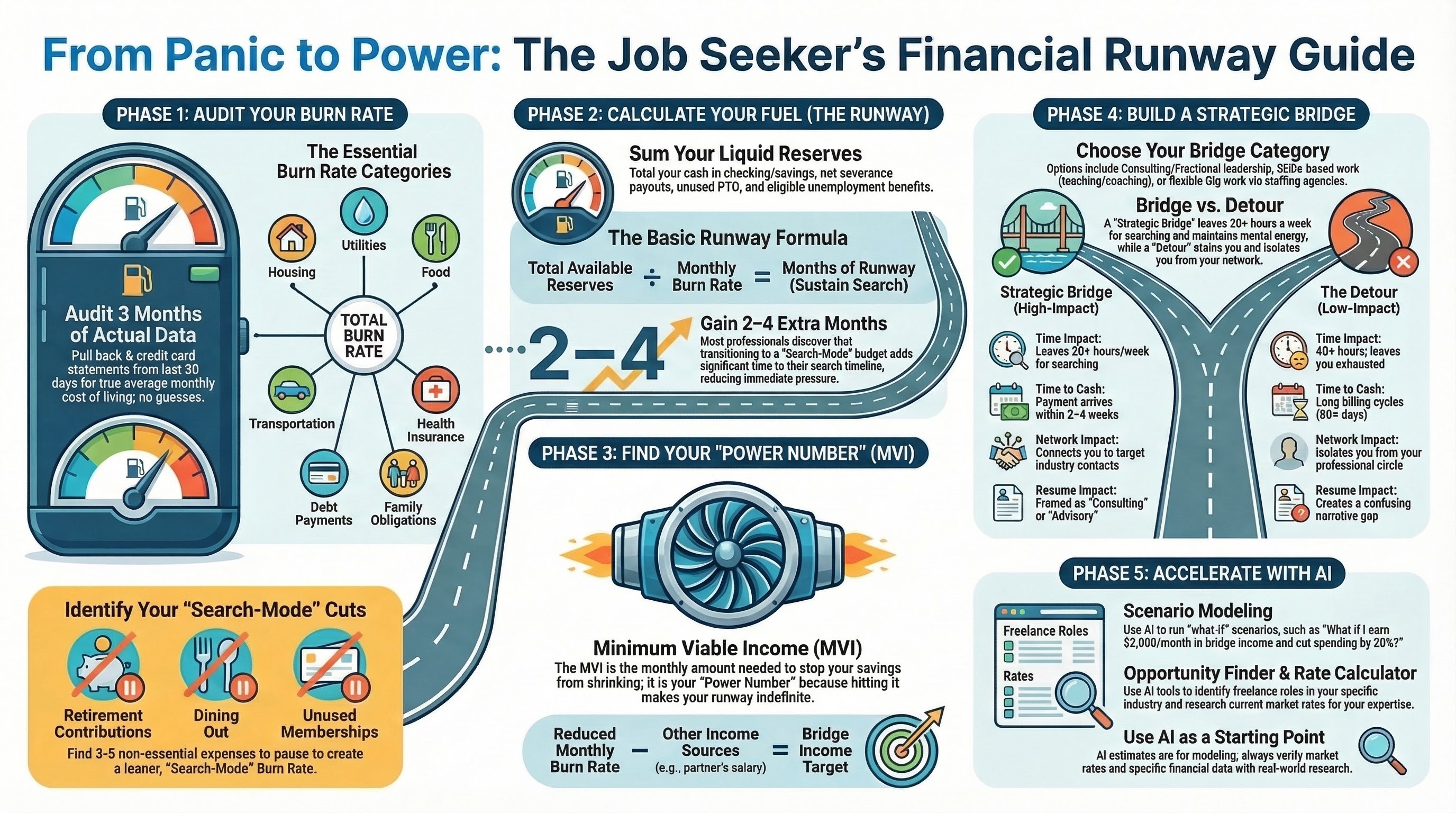 Infographic for “Stop the Panic: How Financial Clarity Transforms Your Job Search Strategy”: visual summary of panic financial clarity transforms (landscape layout, GHFE course).