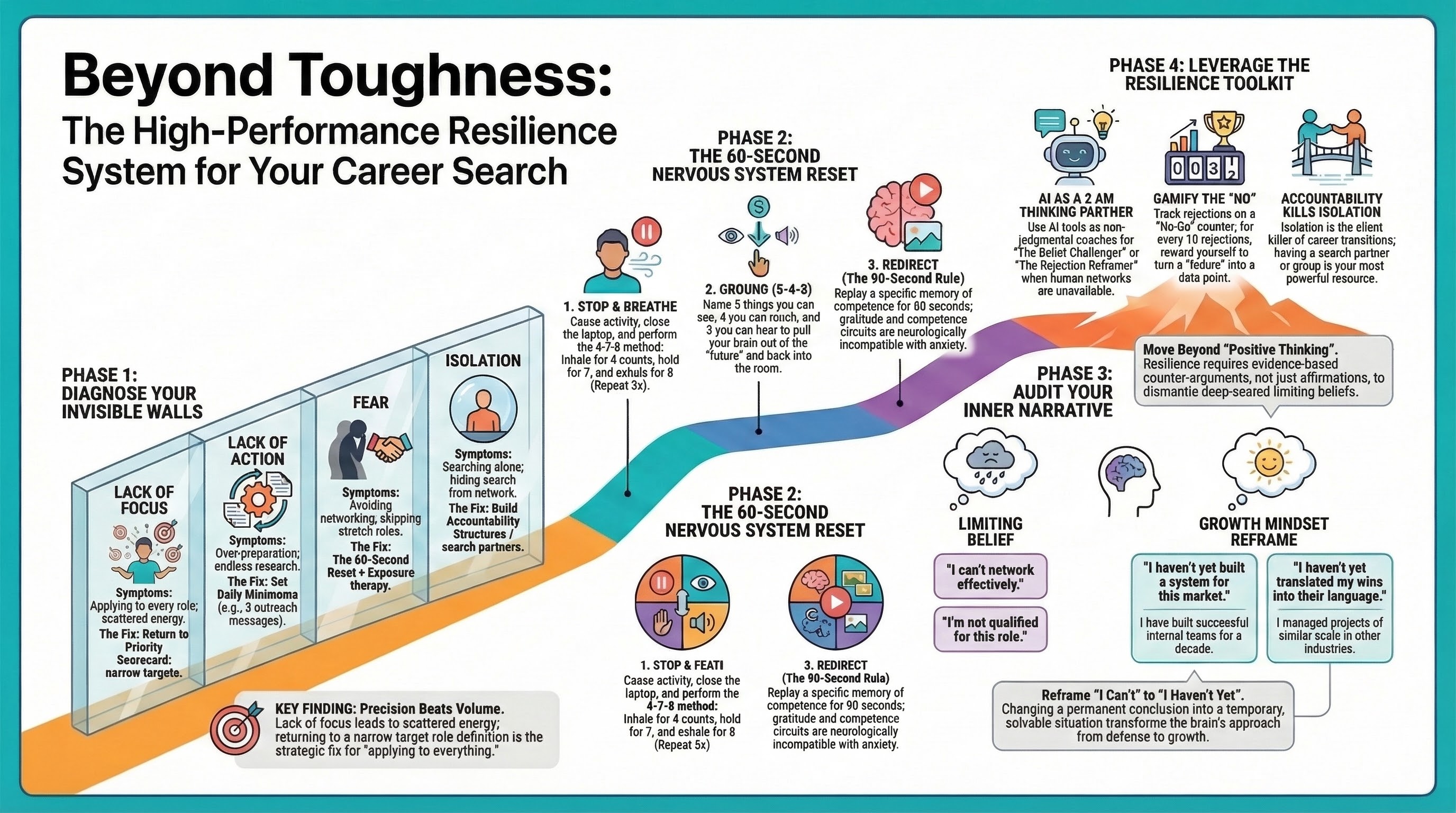 Infographic for “Beyond Toughness: Building a High-Performance Resilience System for Your Career Search”: visual summary of beyond toughness high performance (landscape layout, GHFE course).
