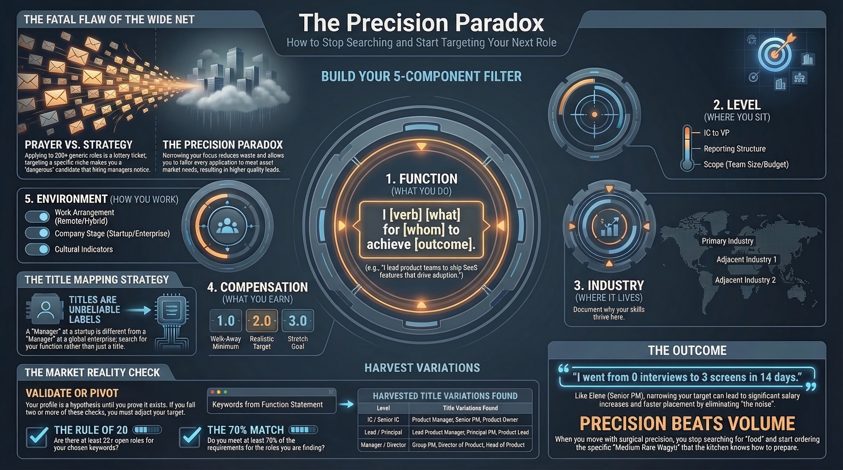 Infographic for “Stop Searching, Start Targeting: How the Precision Paradox Accelerates Your Career Move”: visual summary of searching start targeting precision (landscape layout, GHFE course).