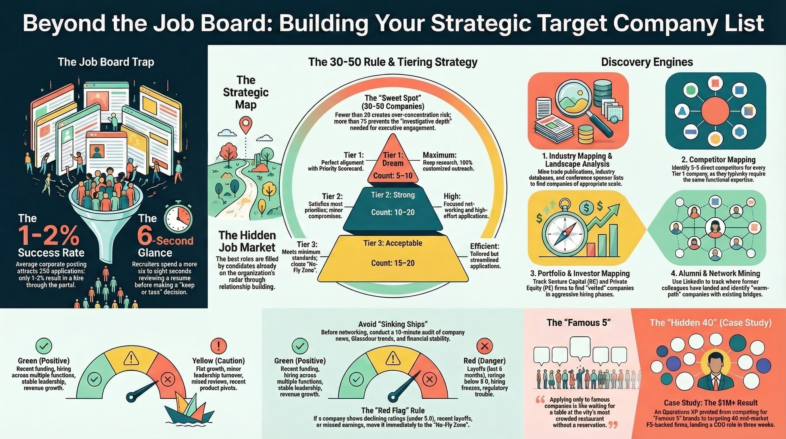 Infographic for “Stop Chasing Postings: How to Build a Strategic Target Company List”: visual summary of target company list (landscape layout, GHFE course).