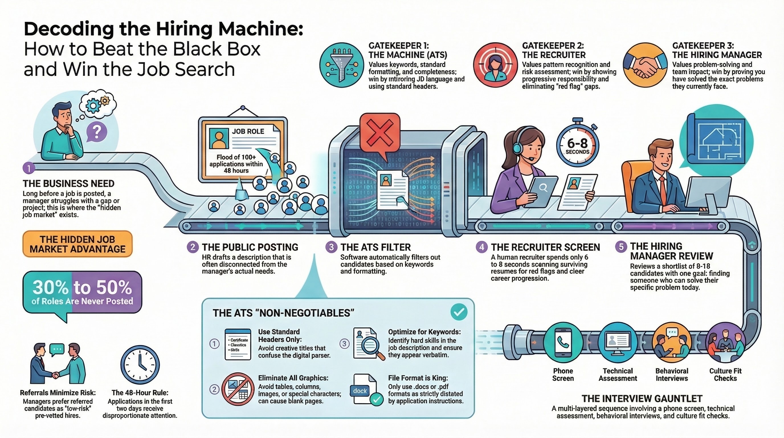 Infographic for “Decoding the Hiring Machine: How to Stop Guessing and Start Winning the Job Search”: visual summary of decoding hiring machine guessing (landscape layout, GHFE course).