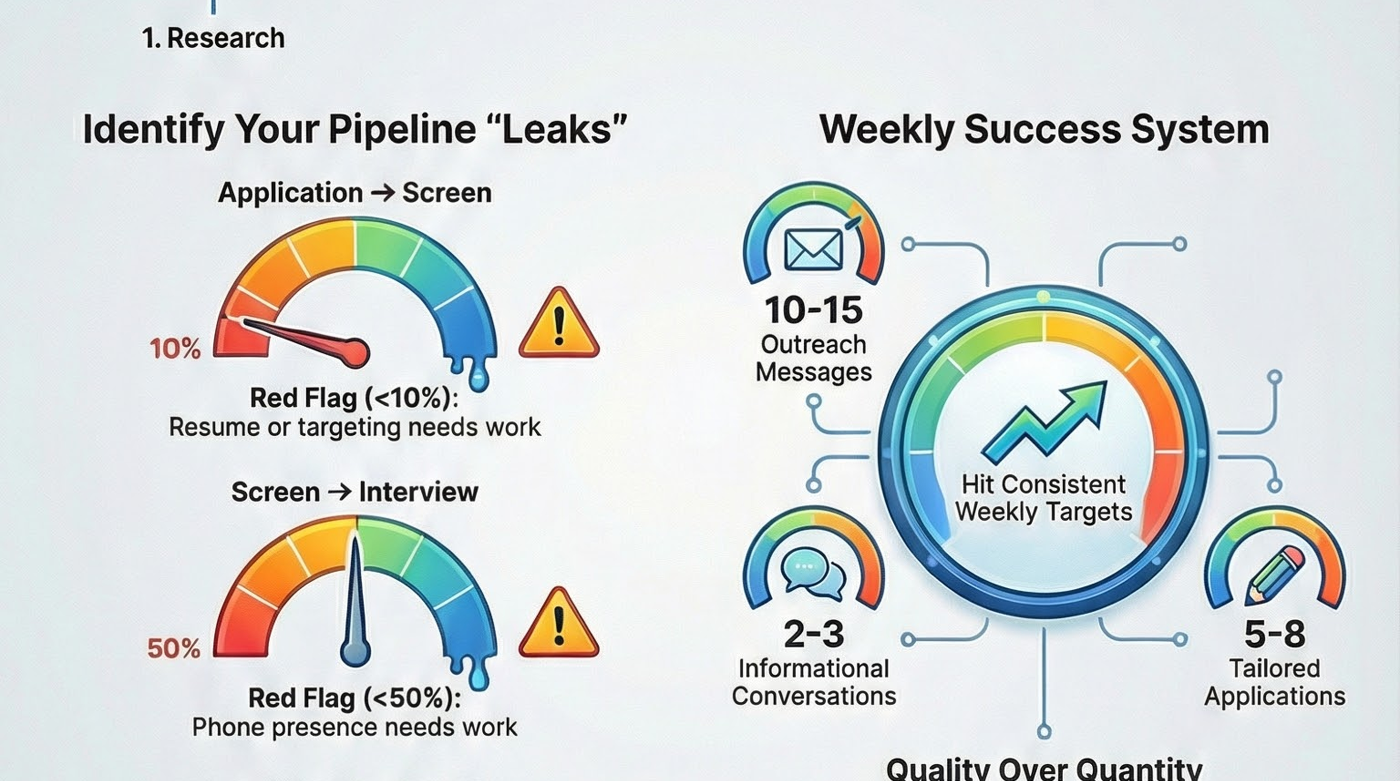 Infographic for “Stop the Job Search Spiral: How to Build a Search Dashboard for Consistent Results”: visual summary of search spiral build search (landscape layout, GHFE course).
