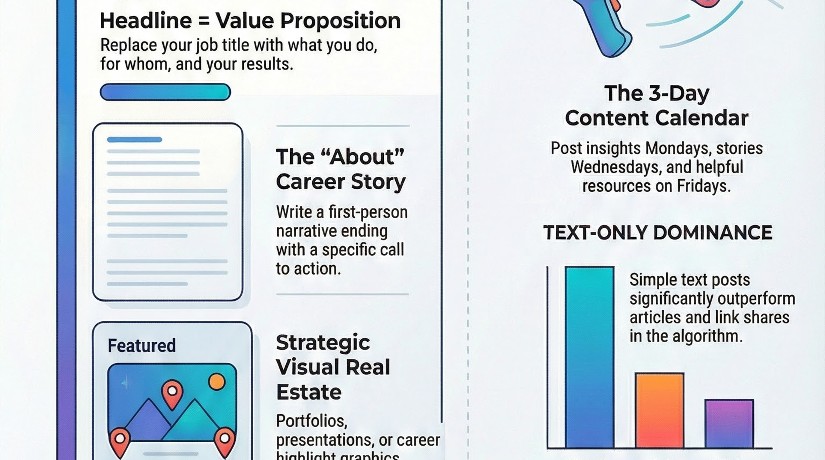 Infographic for “From Passive Resume to Lead Gen Machine: Transforming Your LinkedIn Presence”: visual summary of LinkedIn optimization (landscape layout, GHFE course).