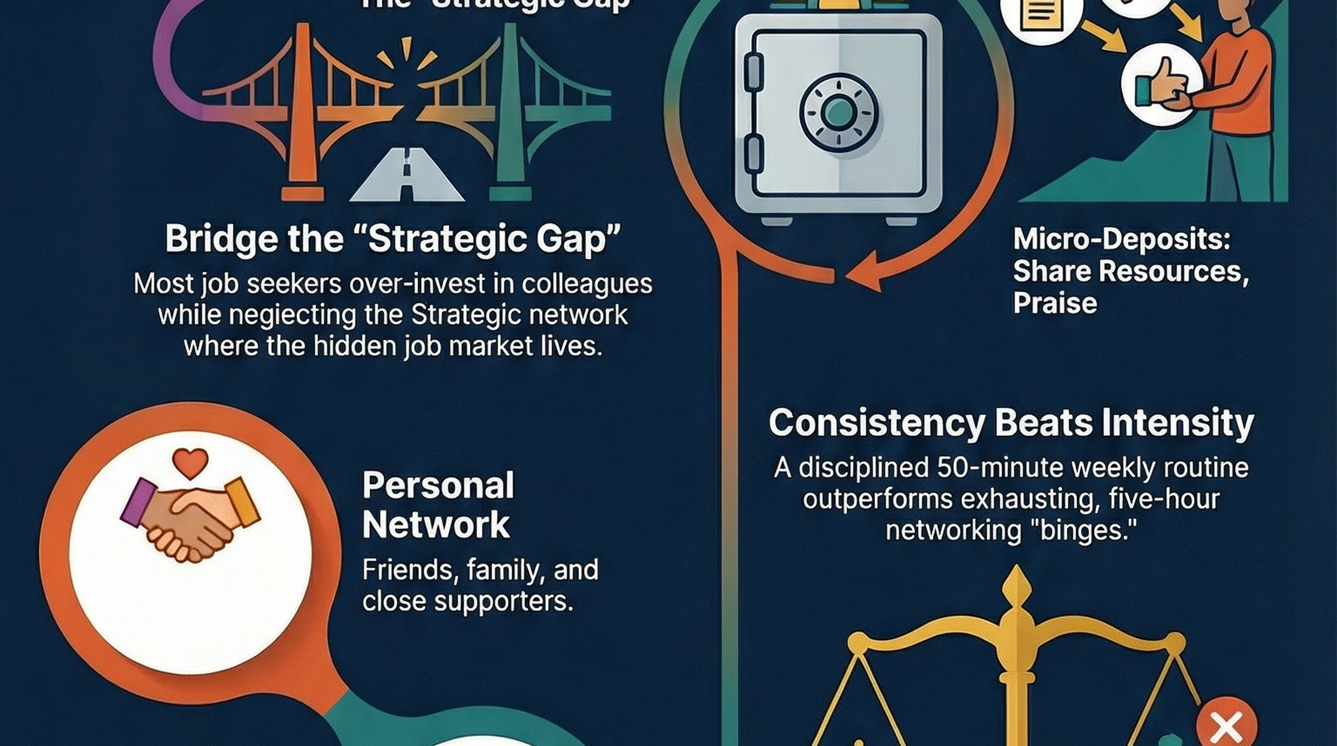 Infographic for “Beyond the Business Card: A Strategic Guide to Building a Network That Works for You”: visual summary of beyond business card strategic (landscape layout, GHFE course).