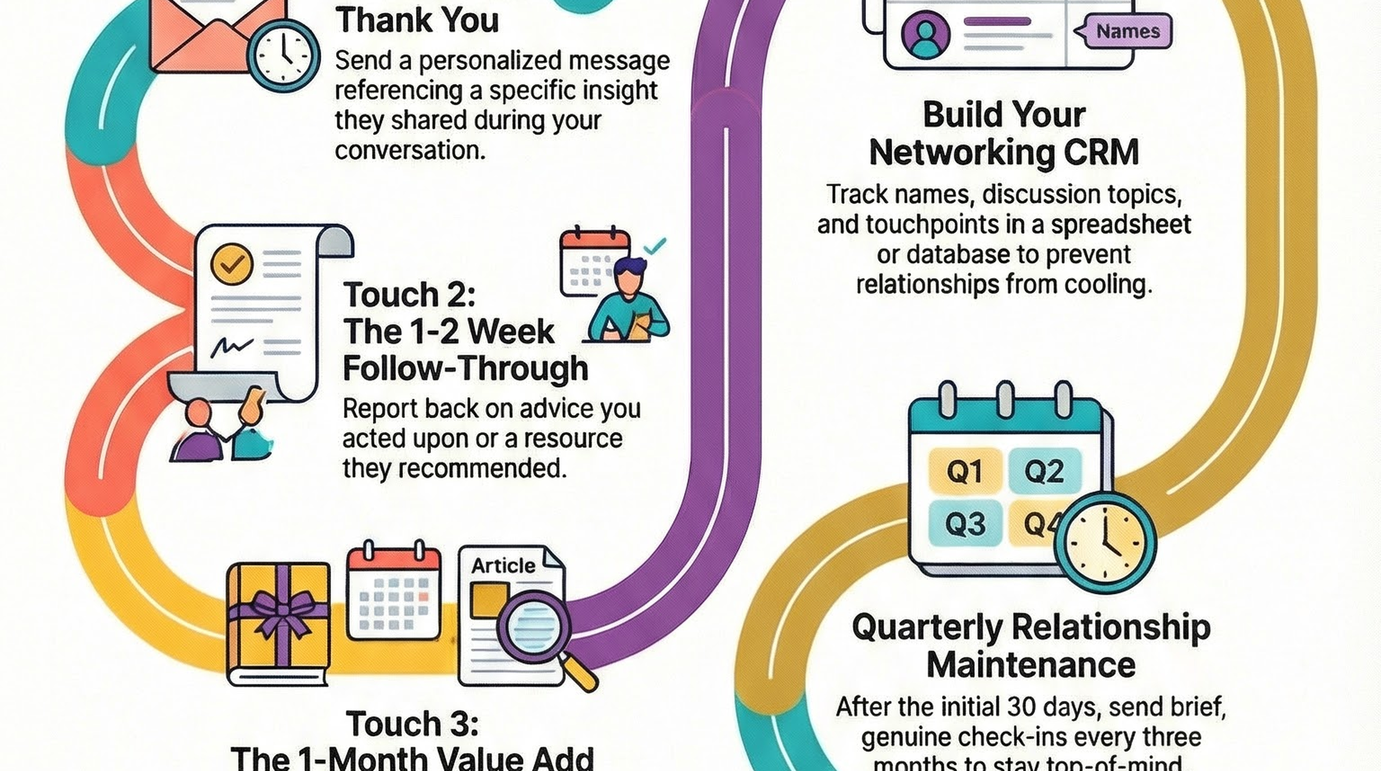 Infographic for “The Fortune is in the Follow-Up: How to Turn One-Time Chats into Lifelong Opportunities”: visual summary of ATS resume optimization (landscape layout, GHFE course).