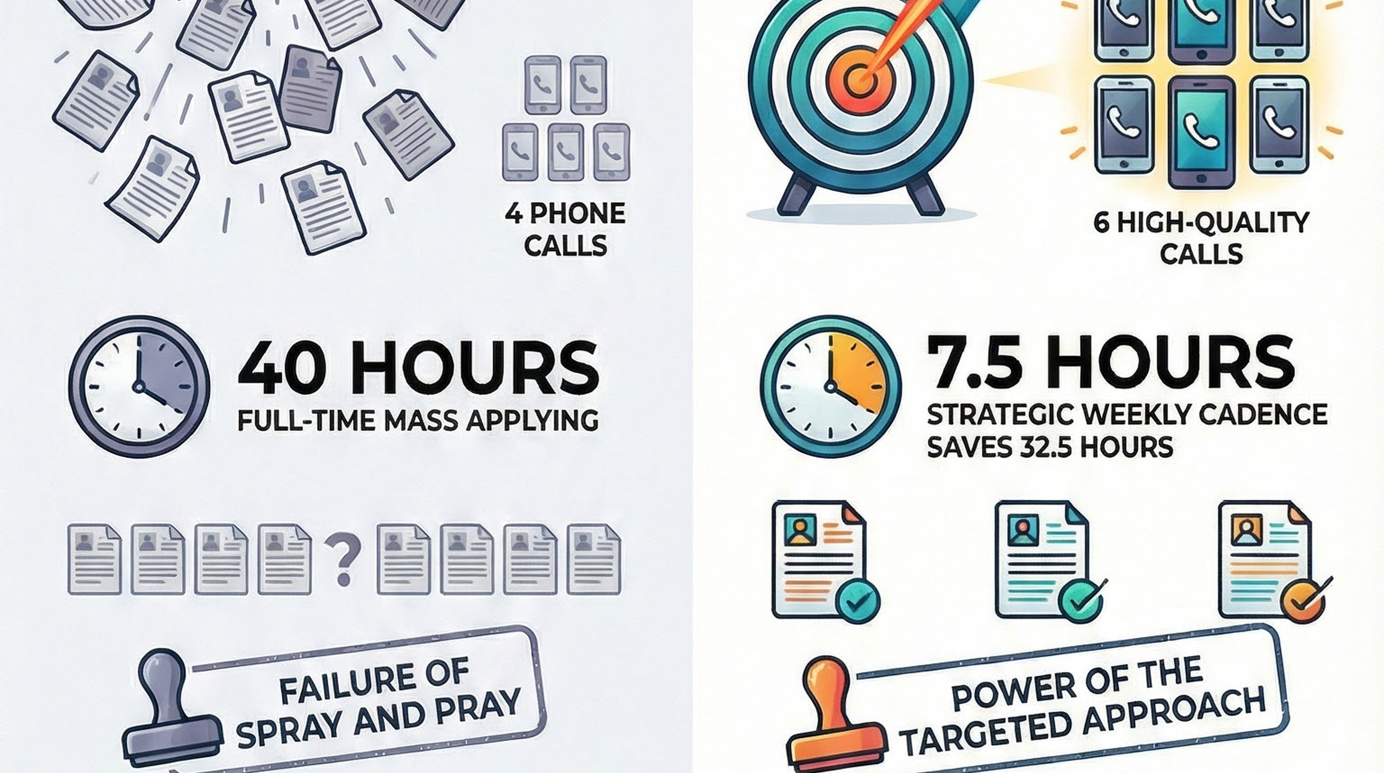 Infographic for “Stop Spraying and Praying: Why 20 Targeted Job Applications Beat 200 Generic Ones”: visual summary of spraying praying targeted applications (landscape layout, GHFE course).