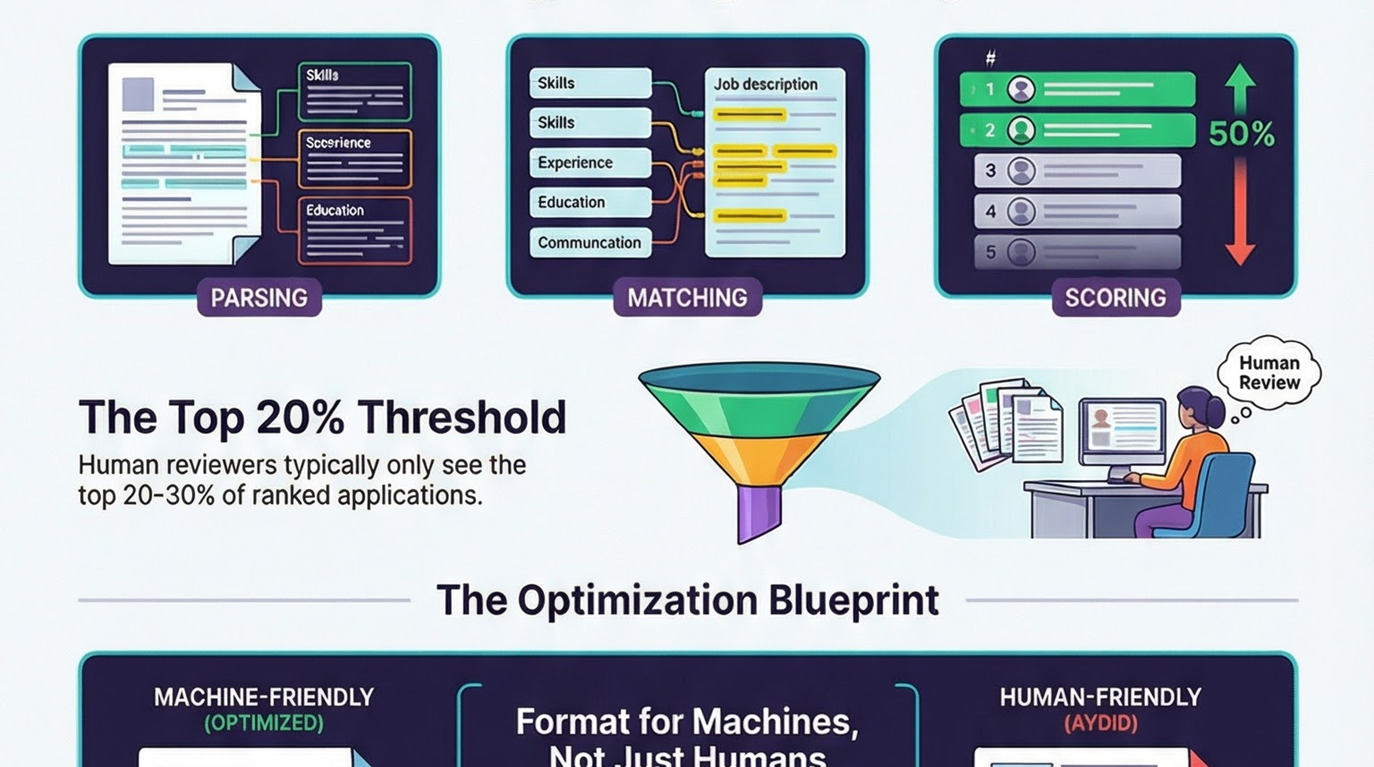 Infographic for “Cracking the Code: How to Beat the ATS and Get Your Resume Seen by Humans”: visual summary of ATS resume optimization (landscape layout, GHFE course).