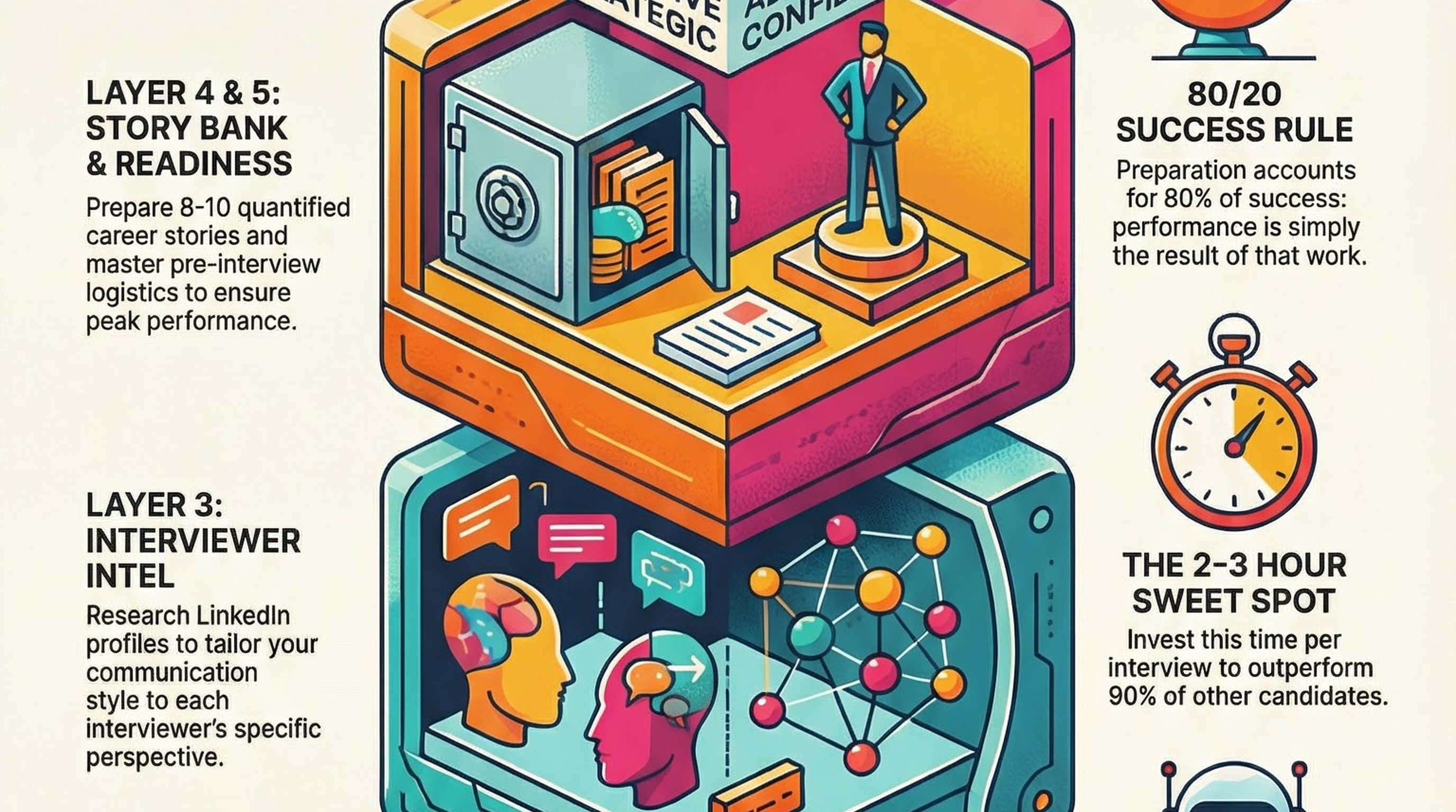 Infographic for “The Unfair Advantage: Mastering the 5-Layer Interview Preparation System”: visual summary of 5 layer interview prep (landscape layout, GHFE course).