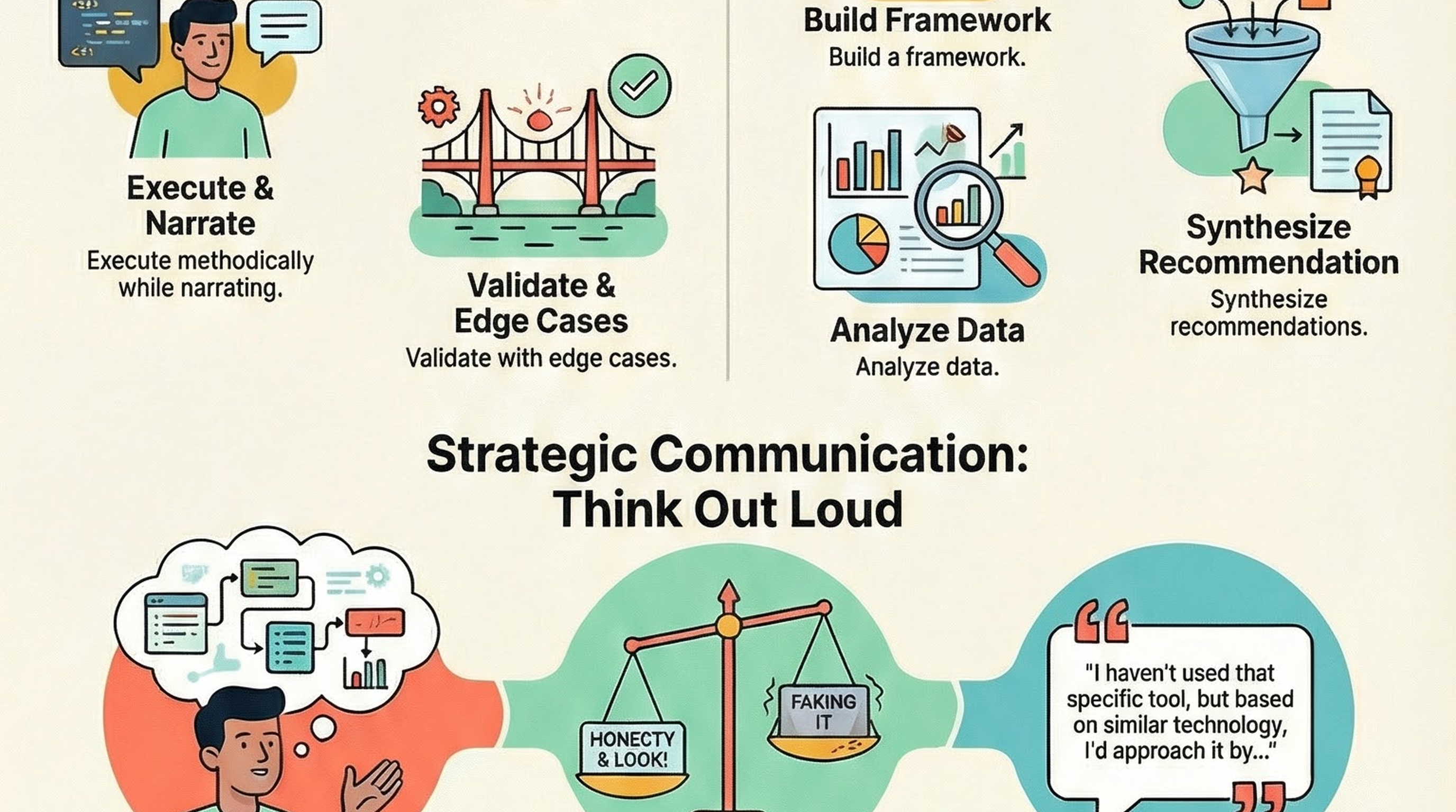 Infographic for “Master the Thinking Process: A Guide to Crushing Technical and Case Interviews”: visual summary of thinking process crushing technical (landscape layout, GHFE course).