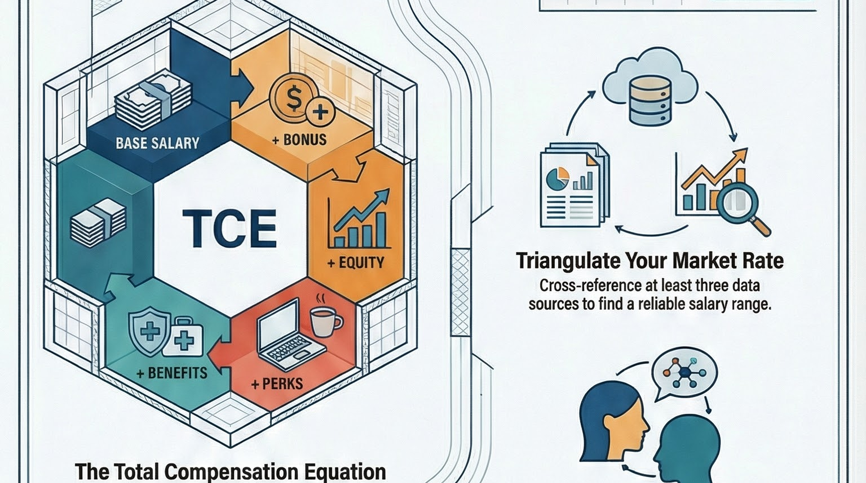 Infographic for “Know Your Worth: How to Use Data as Leverage in Your Next Negotiation”: visual summary of salary negotiation (landscape layout, GHFE course).