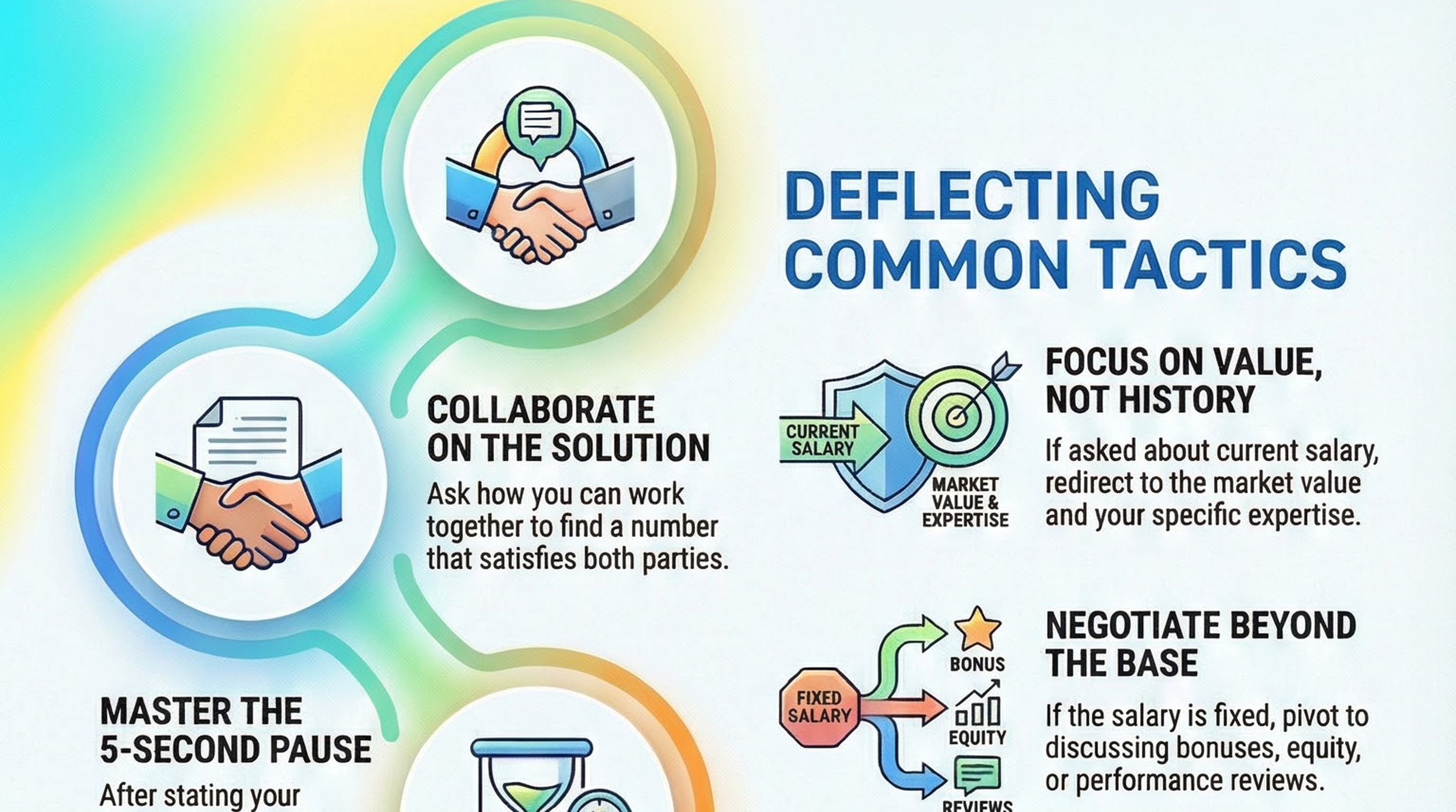 Infographic for “Master the Ask: A Collaborative Framework for Successful Salary Negotiation”: visual summary of salary negotiation (landscape layout, GHFE course).