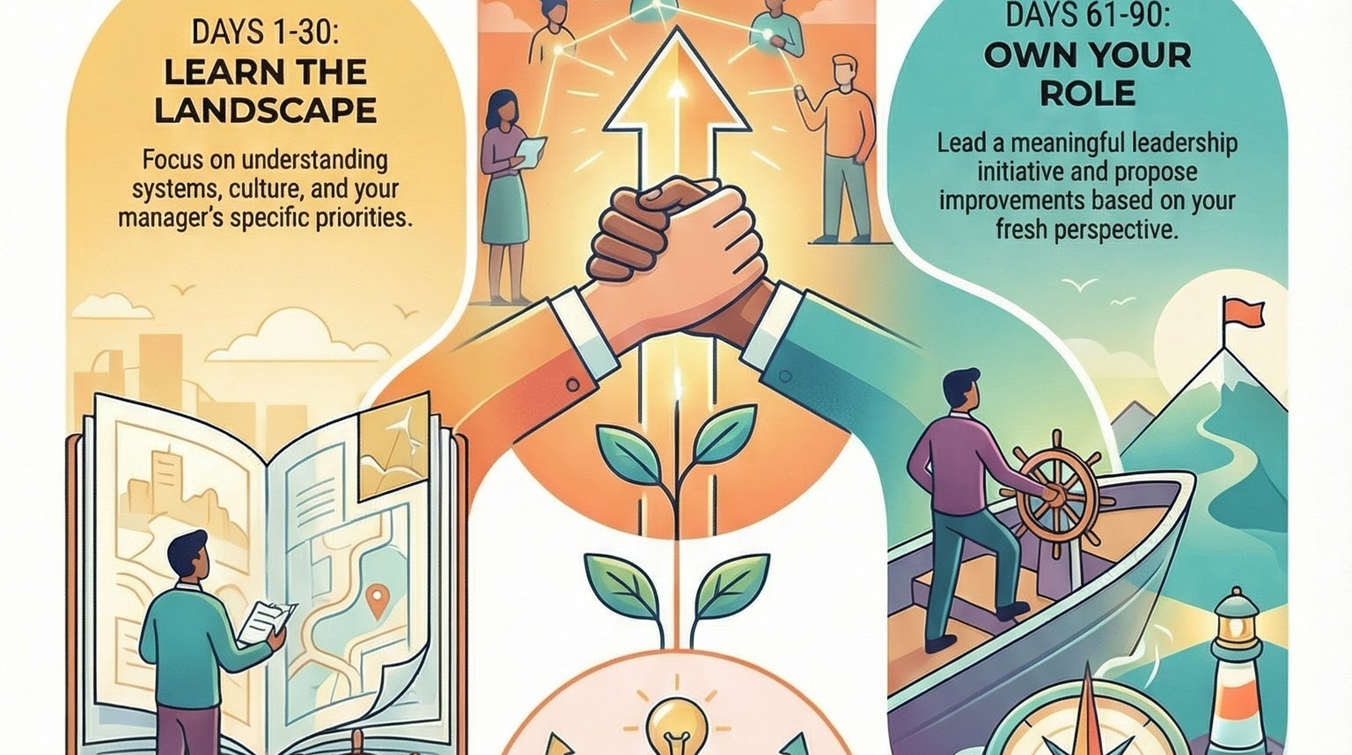Infographic for “Master Your First 90 Days: The Strategic Blueprint for New Hire Success”: visual summary of first 90 days new job (landscape layout, GHFE course).