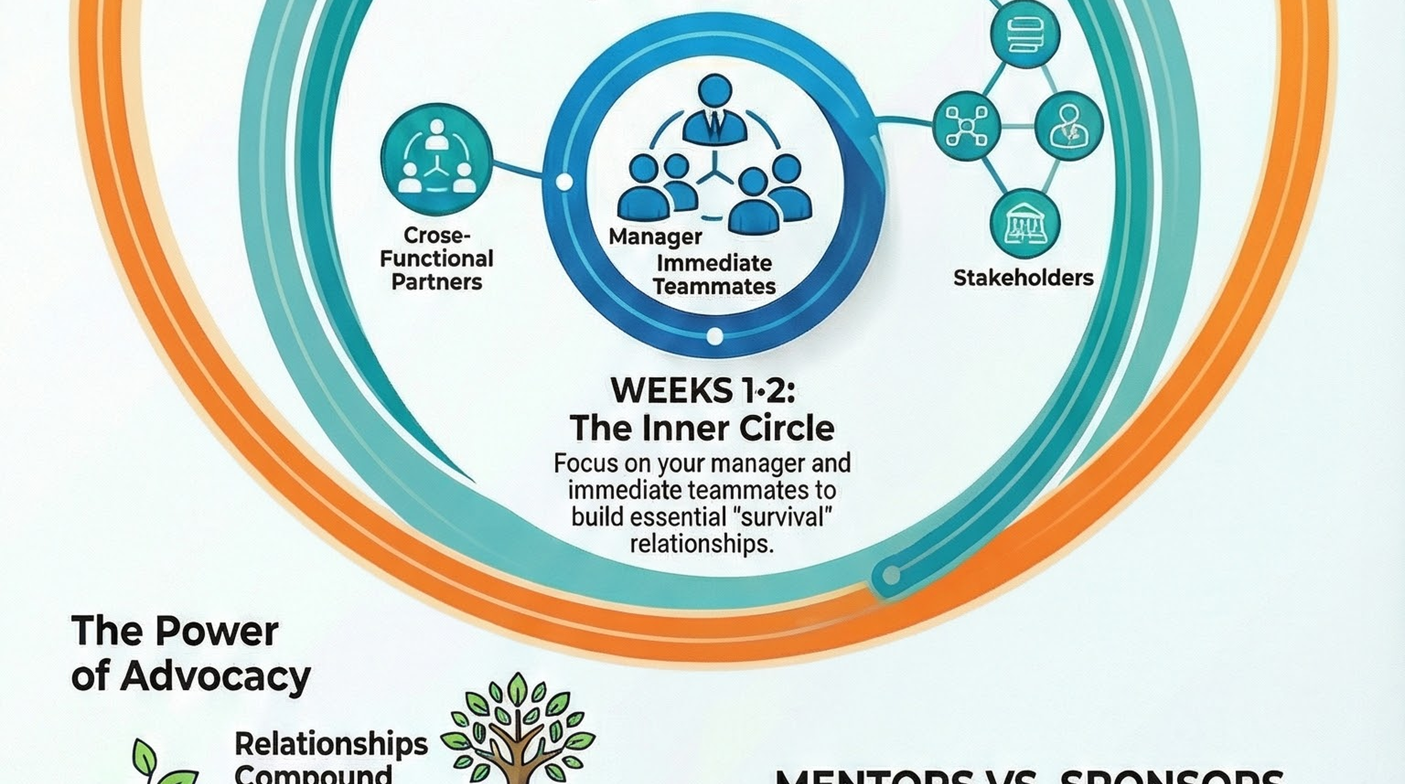 Infographic for “Beyond the Org Chart: A 90-Day Blueprint for Building Career-Defining Relationships”: visual summary of first 90 days new job (landscape layout, GHFE course).