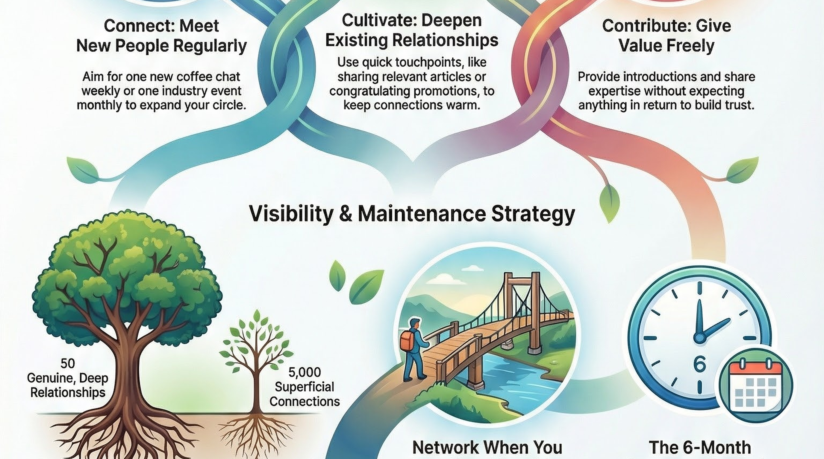 Infographic for “Networking for Life: Why Your Professional Network Should Be a Living Ecosystem (Not a Transaction)”: visual summary of networking life professional network (landscape layout, GHFE course).