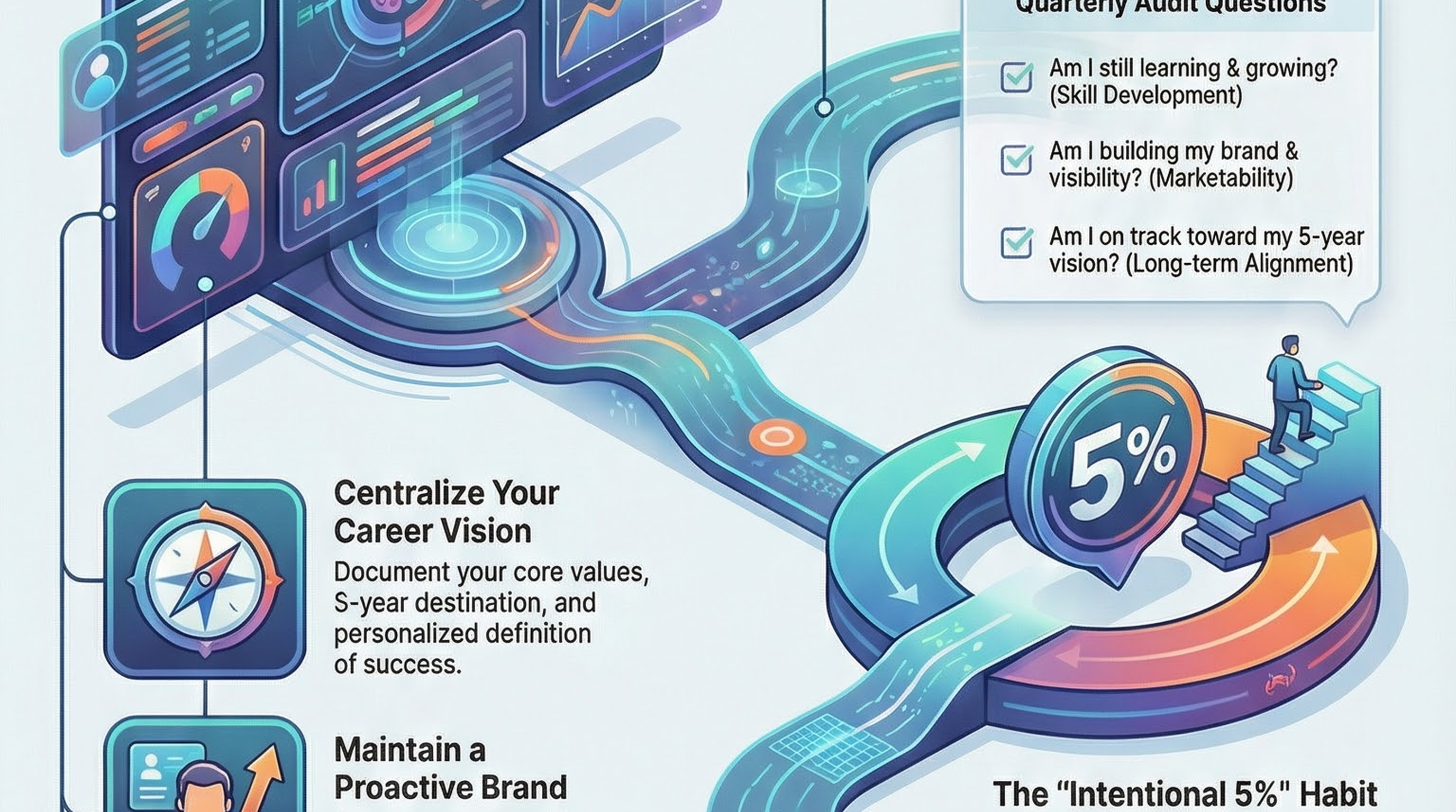 Infographic for “Your Lifelong Career Operating System: Moving from Knowledge to Action”: visual summary of lifelong career operating system (landscape layout, GHFE course).