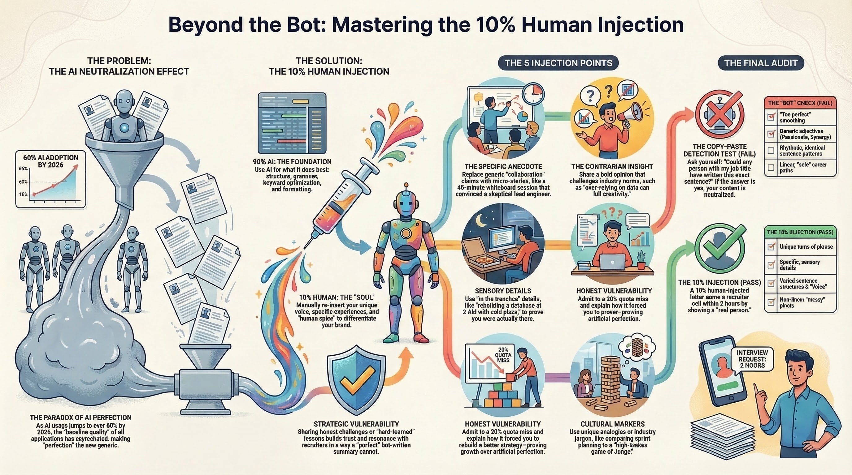 Infographic for “Study Guide: Overcoming the AI Neutralization Effect”: visual summary of AI human injection resume (landscape layout, GHFE course).